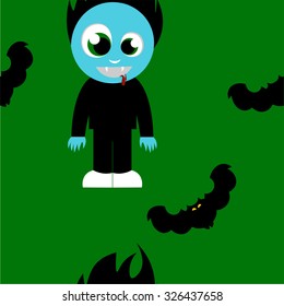 Beautiful art creative colorful halloween holiday wallpaper vector illustration of many black flying bats and blue faces zombie on green seamless background