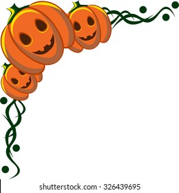 Beautiful art creative colorful halloween holiday wallpaper vector illustration of cover with corner of three orange smiling pumpkins on blank white background copy space