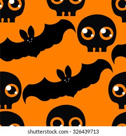 Beautiful art creative colorful halloween holiday wallpaper vector illustration of many grey flying bats and black skulls on orange seamless background