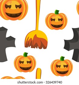 Beautiful art creative colorful halloween holiday wallpaper vector illustration of many grey crosses pumpkins and broom on white seamless background