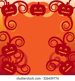 Beautiful art creative colorful halloween holiday wallpaper vector illustration of cover with frame of many red smiling pumpkins on blank orange background copy space
