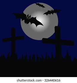 Beautiful art creative colorful halloween holiday vector illustration of dark grave yard with crosses tomb flying bat animals on cloudy blue sky and round white moon background