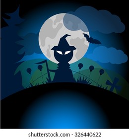 Beautiful art creative colorful halloween holiday vector illustration of death in hat with spit standing at night in grave yard on cloudy sky and round white moon background