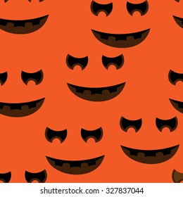 Beautiful art creative colorful halloween holiday wallpaper vector illustration of many black and brown pumpkin smiles on orange seamless background