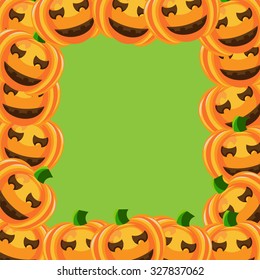 Beautiful art creative colorful halloween holiday wallpaper vector illustration of cover with frame of many orange smiling pumpkins on blank light green background copy space