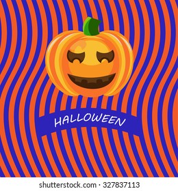 Beautiful art creative colorful halloween holiday wallpaper vector illustration of one orange smiling pumpkin on wavy striped blue and red seamless background with text