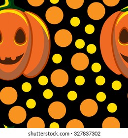 Beautiful art creative colorful halloween holiday wallpaper vector illustration of many yellow and orange rounds and pumpkins on black seamless background