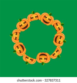 Beautiful art creative colorful halloween holiday wallpaper vector illustration of many orange pumpkins in round on green seamless background