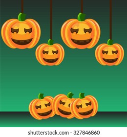 Beautiful art creative colorful halloween holiday wallpaper vector illustration of many orange pumpkins hanging and lying on ground on green seamless background