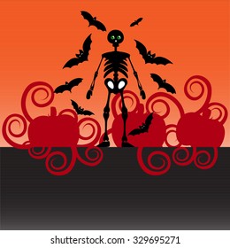Beautiful art creative colorful halloween holiday wallpaper vector illustration of cover with black skeleton flying bats and red pumpkins on grey and orange background