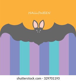 Beautiful art creative colorful halloween holiday wallpaper vector illustration of one big grey flying bat and text on orange with blue pink and violet background