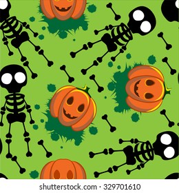 Beautiful art creative colorful halloween holiday wallpaper vector illustration of black skeletons human bones and orange pumpkins on green seamless background