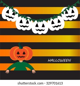 Beautiful art creative colorful halloween holiday wallpaper vector illustration of cover of girl with orange pumpkin face on grey and yellow striped background