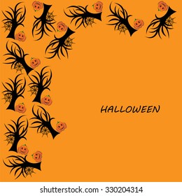 Beautiful art creative colorful halloween holiday wallpaper vector illustration frame of many black trees and pumpkins with text on orange background