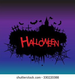Beautiful art creative colorful halloween holiday wallpaper vector illustration of black big castle flying bat and crosses with text on violet and blue background