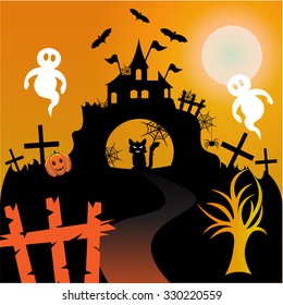 Beautiful art creative colorful halloween holiday wallpaper vector illustration of road to black big castle flying bat cat tree ghost moon and pumpkin on orange background