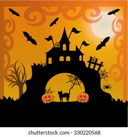 Beautiful art creative colorful halloween holiday wallpaper vector illustration of road to black big castle flying bat cat tree moon and pumpkin on orange background