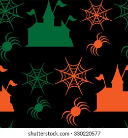 Beautiful art creative colorful halloween holiday wallpaper vector illustration of many green houses and orange spider web on black joinless background