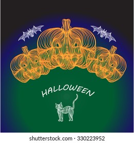 Beautiful art creative colorful halloween holiday wallpaper vector illustration cover of three orange pumpkins white cat and bats with text on green blue and grey background