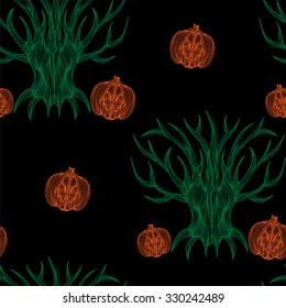 Beautiful art creative colorful halloween holiday wallpaper vector illustration of many orange pumpkins and green trees on black seamless background