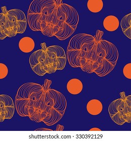 Beautiful art creative colorful halloween holiday wallpaper vector illustration of many orange and yellow pumpkins with rounds on blue joinless background