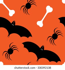 Beautiful art creative colorful halloween holiday wallpaper vector illustration of many black bats and spiders with white bones on orange joinless background