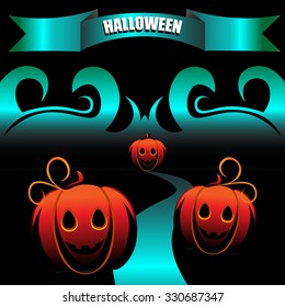 Beautiful art creative colorful halloween holiday wallpaper vector illustration of blue road to orange pumpkin with smiling face with text on black backdrop