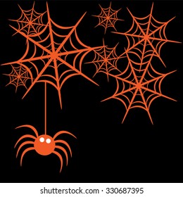 Beautiful art creative colorful halloween holiday wallpaper vector illustration of one orange spider with web on black background