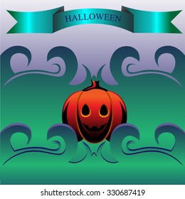 Beautiful art creative colorful halloween holiday wallpaper vector illustration of one orange pumpkin in forest with text on green and violet background