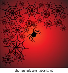 Beautiful art creative colorful halloween holiday wallpaper vector illustration frame of many black spiders with web on red background