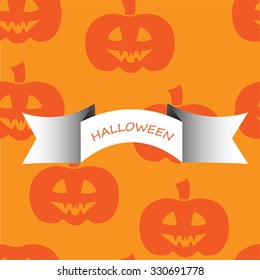 Beautiful art creative colorful halloween holiday wallpaper vector illustration of many orange pumpkins with text on yellow seamless 
background