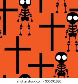 Beautiful art creative colorful Halloween holiday wallpaper vector illustration of many black skeleton and crosses on orange seamless background