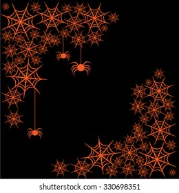 Beautiful art creative colorful Halloween holiday wallpaper vector illustration frame of many orange spiders with web on black background