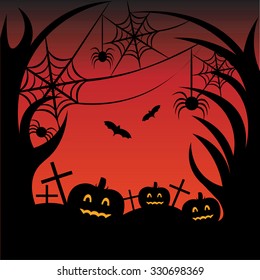 Beautiful art creative colorful Halloween holiday wallpaper vector illustration of pumpkins with scary faces in forest with trees bats crosses spiders and web on orange backdrop