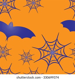 Beautiful art creative colorful Halloween holiday wallpaper vector illustration of many blue flying bats on orange seamless background