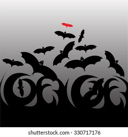 Beautiful art creative colorful Halloween holiday wallpaper vector illustration of cover with black and red flying bats on grey background