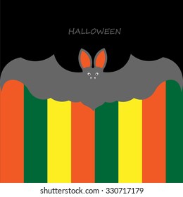 Beautiful art creative colorful halloween holiday wallpaper vector illustration of one big grey flying bat and text on black with orange green and yellow background
