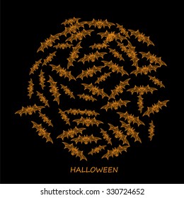 Beautiful art creative colorful Halloween holiday wallpaper vector illustration cover of many orange bats with text on black background