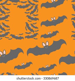 Beautiful art creative colorful halloween holiday wallpaper vector illustration frame of many grey flying bats on orange seamless background