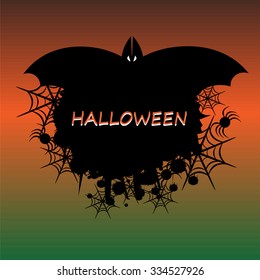 Beautiful art creative colorful halloween holiday wallpaper vector illustration of one silhouette bat with text on orange green background