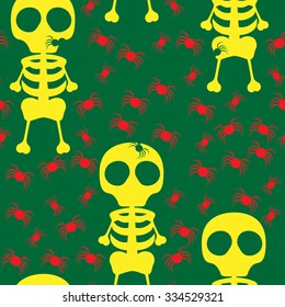 Beautiful art creative colorful halloween holiday wallpaper vector illustration of yellow human skeleton and red spider on green seamless background