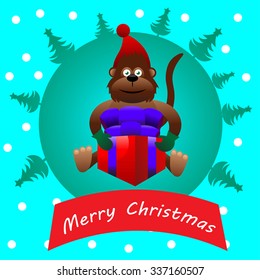 Beautiful art creative colorful new year winter holiday wallpaper vector illustration greeting card of one brown monkey in red hat holding present box with merry christmas text on blue background