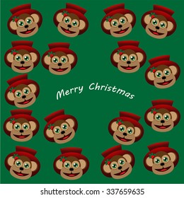 Beautiful art creative colorful new year winter holiday wallpaper vector illustration greeting card of many brown monkeys in red hat with merry christmas text on green background