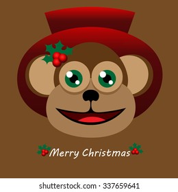 Beautiful art creative colorful new year winter holiday wallpaper vector illustration greeting card of one monkey in red hat smiling with merry christmas text on brown background