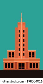 Beautiful Art Deco skyscraper building vector illustration. Abstract vintage design orange and blue contrast colors. 