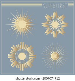 Beautiful art deco sun elements set (20s). An elegant illustration for the decoration and design of pages and postcards. Beautiful elegant clipart for  poster, sticker, wrapping paper.  Vector EPS 10