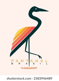 Beautiful art of a heron in a graphic and colorful style with lettering alluding to the Pantanal, Brazil.