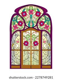 Beautiful Art Nouveau door with stained glass windows. Exclusive offer for luxury interior. Jugendstil architectural style. Template for design, wallpaper, background. Architecture in Western Europe.