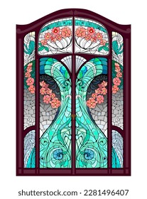 Beautiful Art Nouveau door with stained glass windows. Exclusive offer for luxury interior. Jugendstil architectural style. Template for design, wallpaper, background. Architecture in Western Europe.