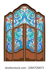 Beautiful Art Nouveau door with stained glass windows. Exclusive offer for luxury interior. Jugendstil architectural style. Template for design, wallpaper, background. Architecture in Western Europe.